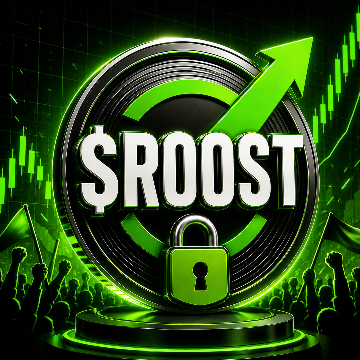 $ROOST token with lock and green market arrow